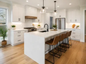 Finished white shaker kitchen remodel with a quartz island in a suburban home