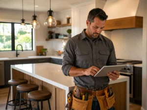 Remodeling contractor reviewing Google Ads results on a tablet in a renovated kitchen