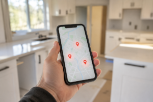 ER- Blogs 1 Smartphone showing three local map pins for a kitchen remodeler search