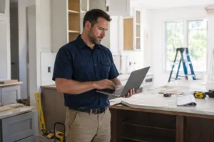 Remodeler checking local citations on a laptop at a job site
