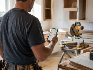 Home remodeling contractor checking local map rankings on a phone at a kitchen job site