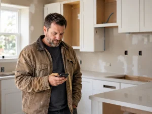 Remodeling contractor checking reviews on his phone in a kitchen renovation