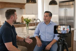 Remodeler filming a client testimonial video in a finished kitchen