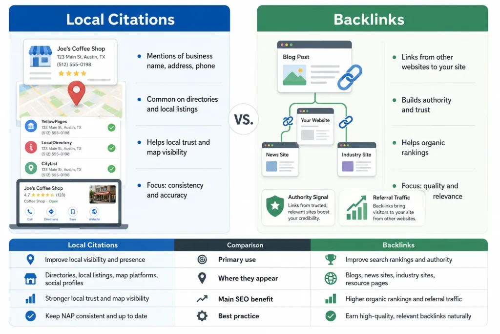 Infographic comparing local citations and backlinks for SEO