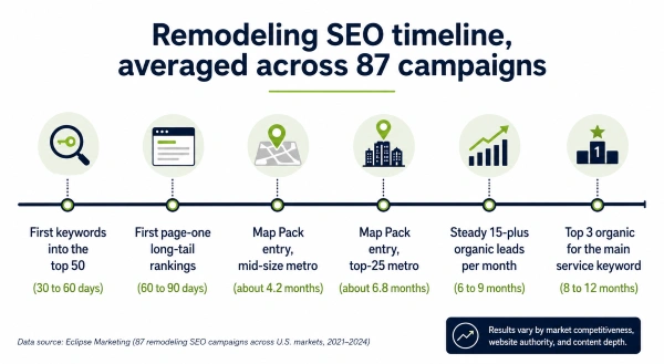 How Remodeling Companies Rank Higher On Google in 2026 1 Timeline of remodeling SEO milestones averaged across 87 campaigns