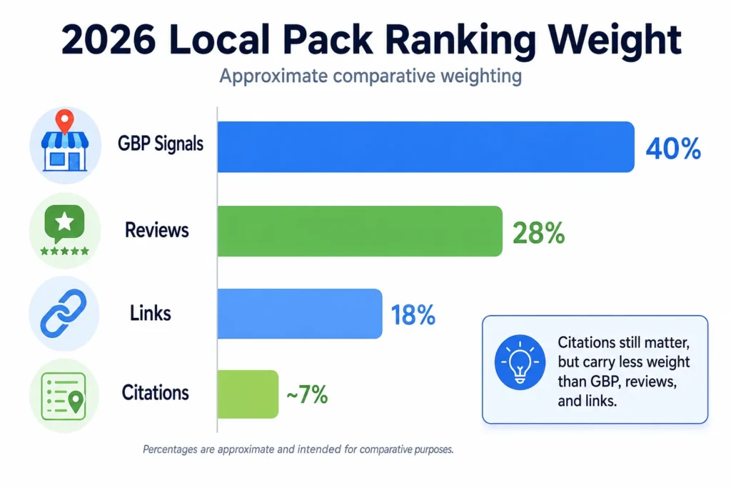 Chart of 2026 local ranking factor weights with citations at 7 percent