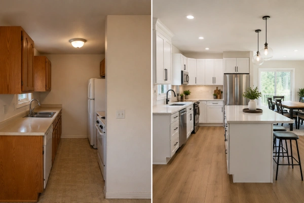 Before and after of a galley kitchen remodel with a removed wall