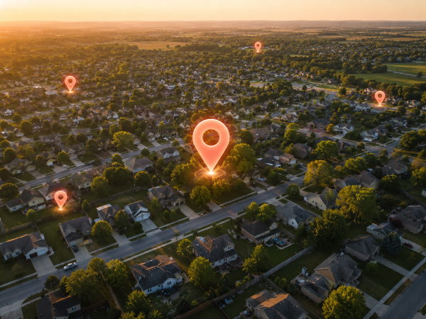 Aerial neighborhood with map pins showing local rank changing by location