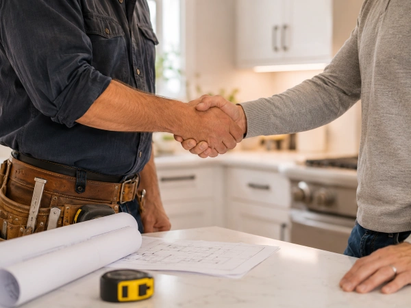 Remodeler and homeowner shaking hands over the counter in a renovated kitchen