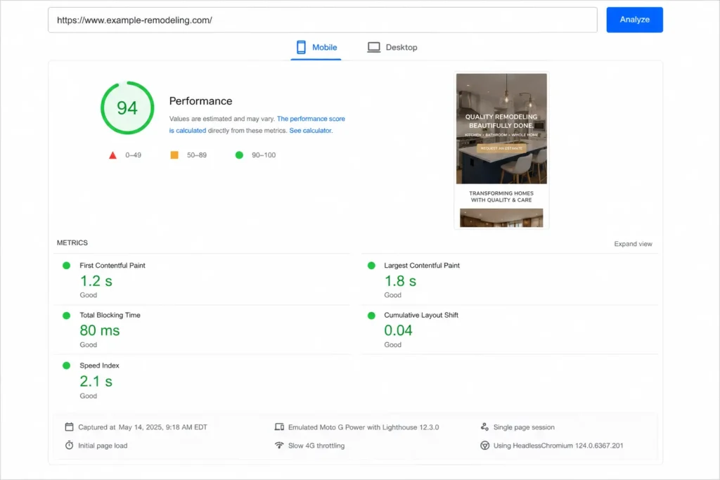 Remodeling Website Mistakes That Quietly Cost You Leads In 2026 2 Mobile page speed score for a remodeling website