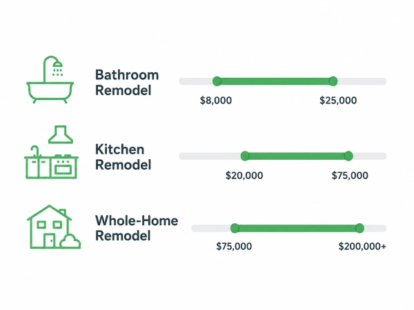 Google Ads for Remodeling Contractors That Book Real Jobs In 2026 3 Chart of 2026 Google Ads cost ranges for bathroom, kitchen, and whole-home remodeling