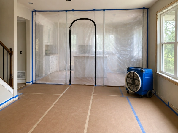 Zip-wall dust barrier and floor protection set up on a remodel jobsite