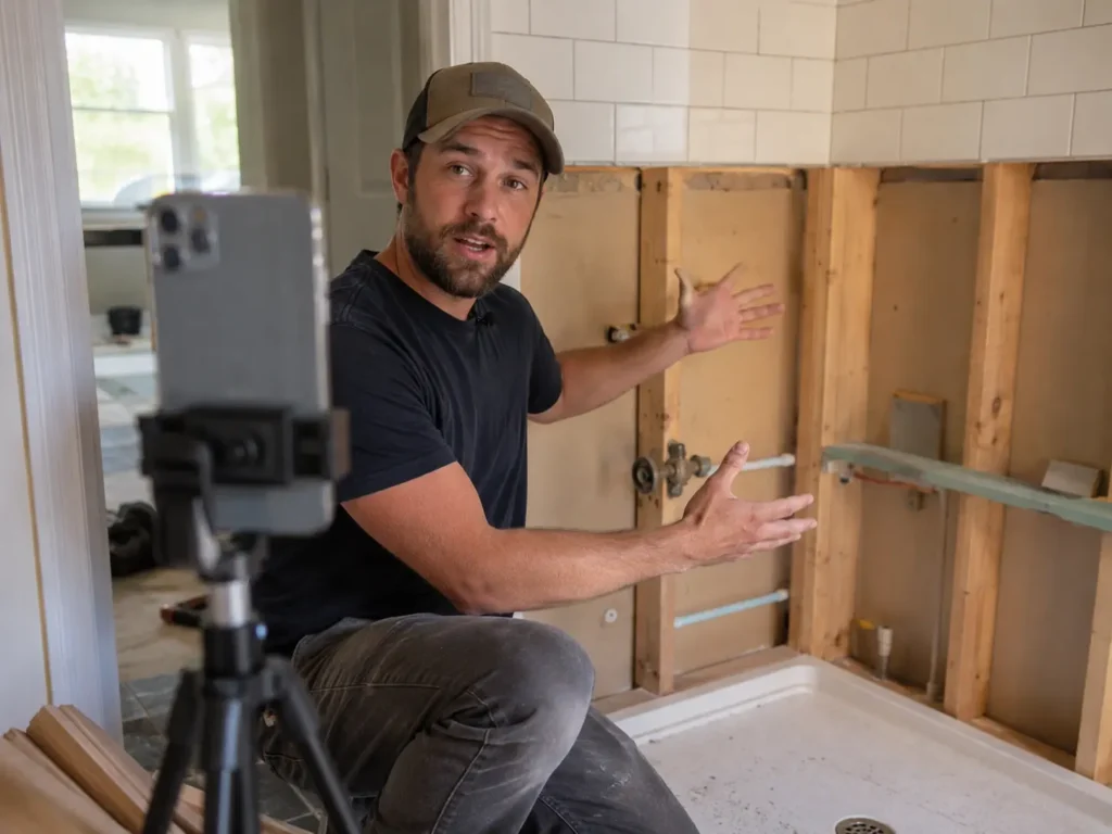 Video Marketing For Remodelers: What Actually Gets You Jobs In 2026 3 Remodeler recording an explainer video at a job site