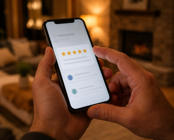 Google Business Profile Optimization For Remodelers (2026) 3 Homeowner leaving a five-star Google review for a remodeler on a phone