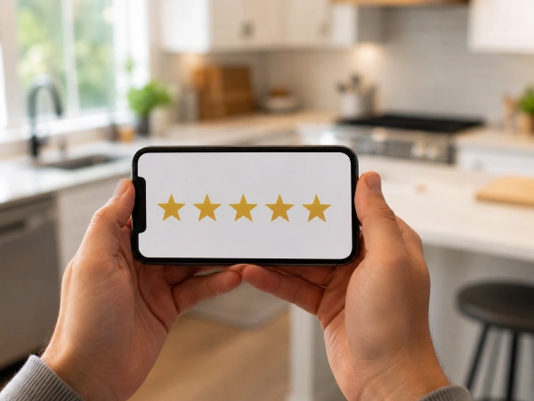 How Remodeling Companies Rank Higher On Google in 2026 3 Five-star rating on a phone for a local remodeling company