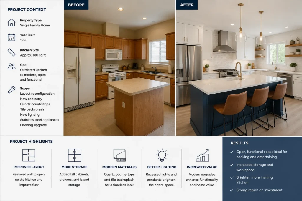 Remodeling Website Mistakes That Quietly Cost You Leads In 2026 3 Before and after kitchen remodel with project context
