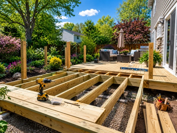 Backyard deck under construction on a spring day, peak remodeling season