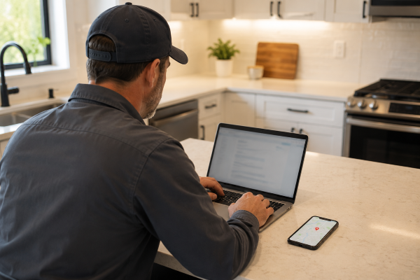 Remodeler at a laptop managing a local business listing in a renovated kitchen