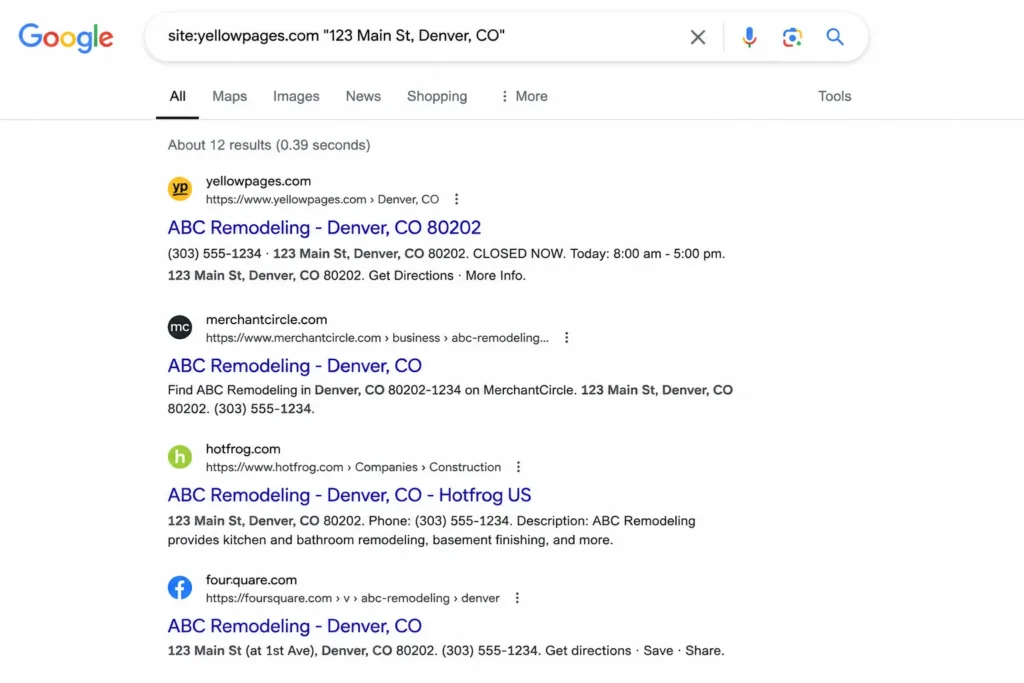 Google search auditing local citations with site operator