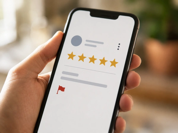 Flagging a policy-violating Google review on a smartphone