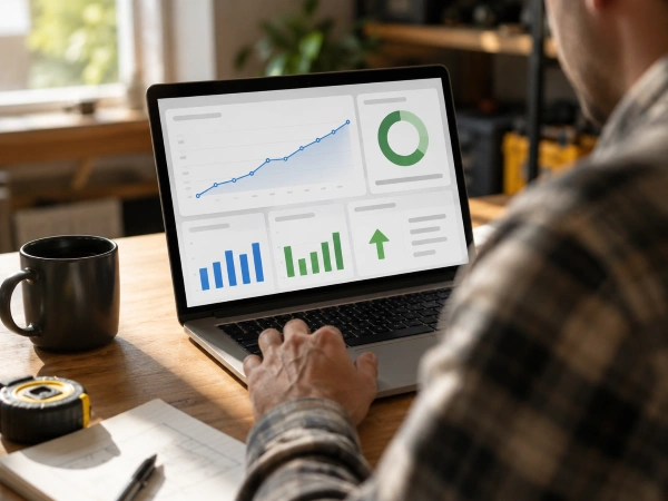 How To Get Remodeling Leads From Google In 2026 4 Remodeler reviewing Google Ads performance for lead keywords on a laptop