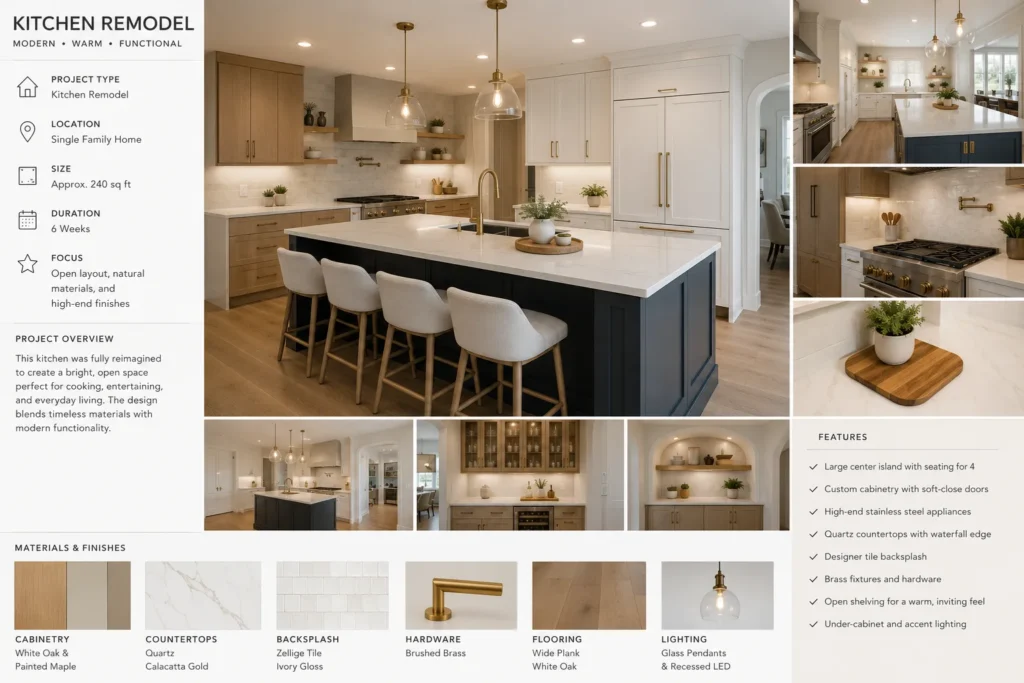 Remodeling Website Mistakes That Quietly Cost You Leads In 2026 4 High-end kitchen remodel gallery with material specs