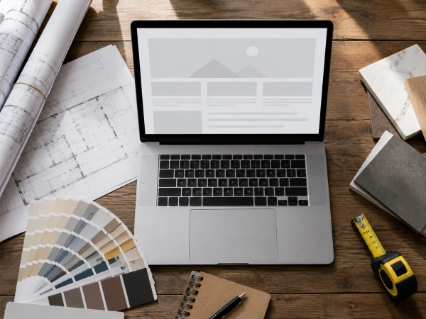 How Remodeling Companies Rank Higher On Google in 2026 4 Wireframe of a remodeler service page beside blueprints and paint swatches