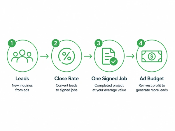 Google Ads for Remodeling Contractors That Book Real Jobs In 2026 4 Diagram showing how to budget Google Ads backward from one signed remodeling job