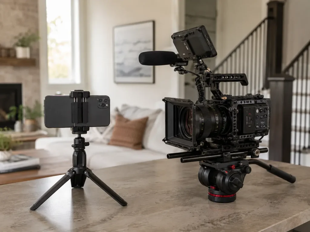 Video Marketing For Remodelers: What Actually Gets You Jobs In 2026 5 Comparing a phone setup and a professional camera for remodeling video