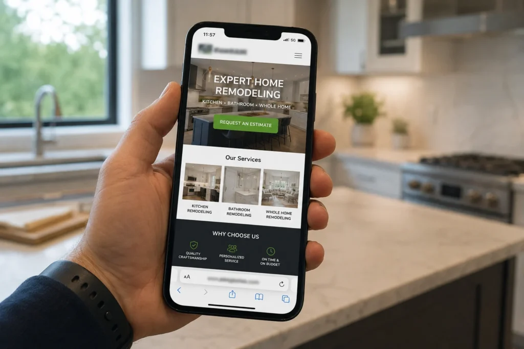 Remodeling Website Mistakes That Quietly Cost You Leads In 2026 5 Remodeling website on a phone with a request an estimate button