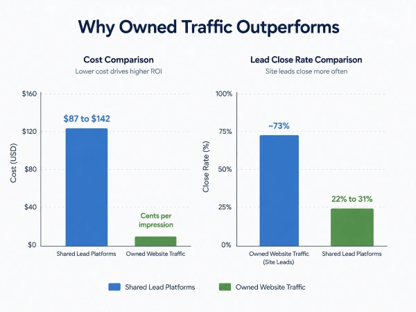 Home Remodeling Retargeting Ads That Convert In 2026 6 Bar chart comparing shared lead cost and close rate with retargeting your own site visitors