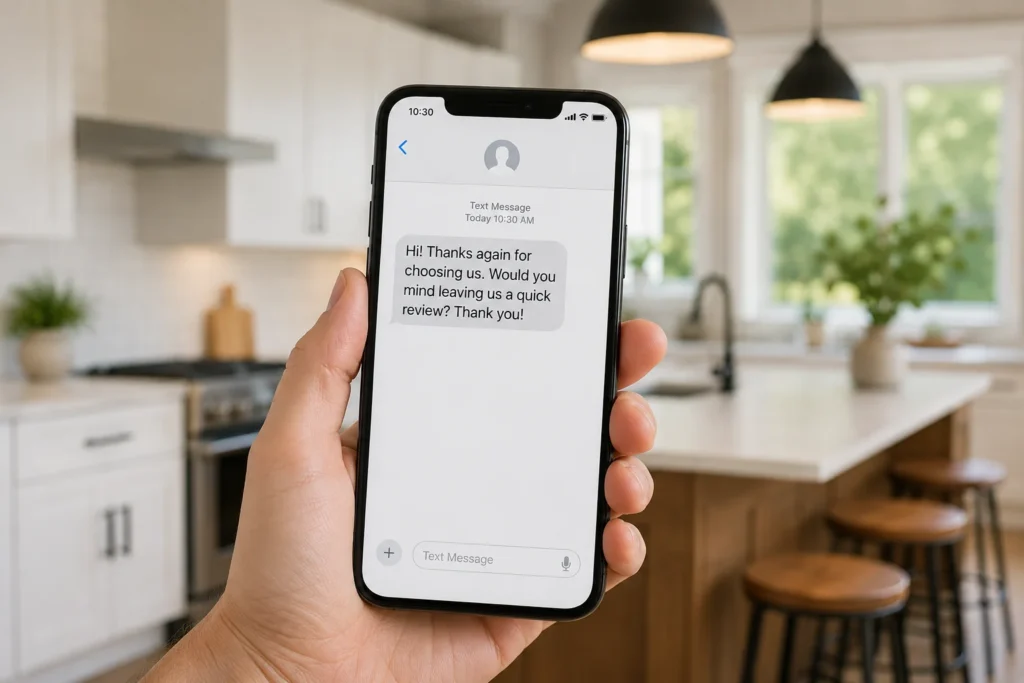Automated review request text message on a homeowner phone