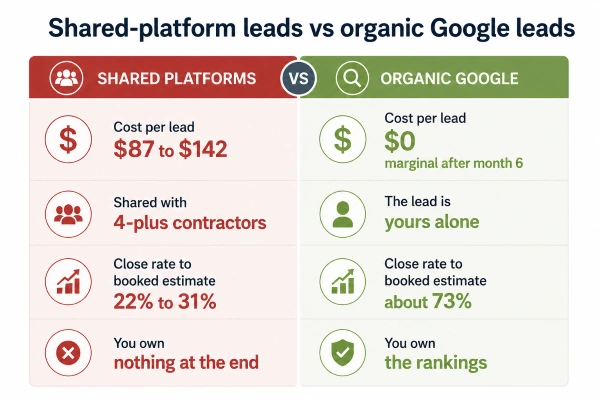 How Remodeling Companies Rank Higher On Google in 2026 6 Comparison of shared-platform leads and organic Google leads for remodelers