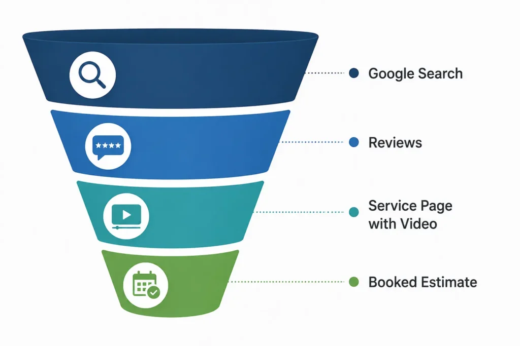 Video Marketing For Remodelers: What Actually Gets You Jobs In 2026 6 Funnel showing where video fits for a remodeler, after Google search
