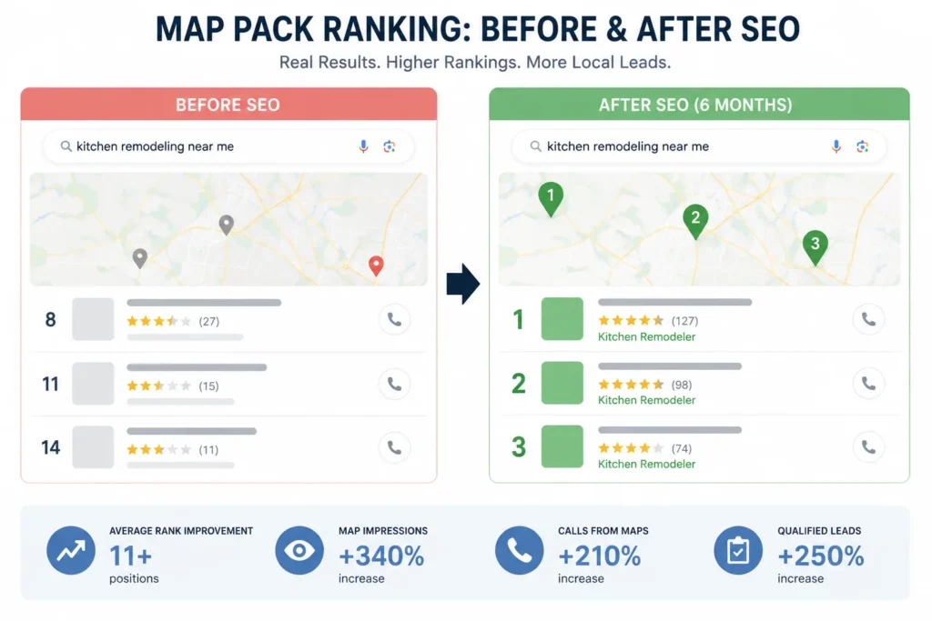 remodeler map pack ranking before and after SEO