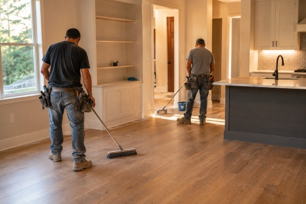 Remodeling crew sweeping a jobsite clean before leaving for the day