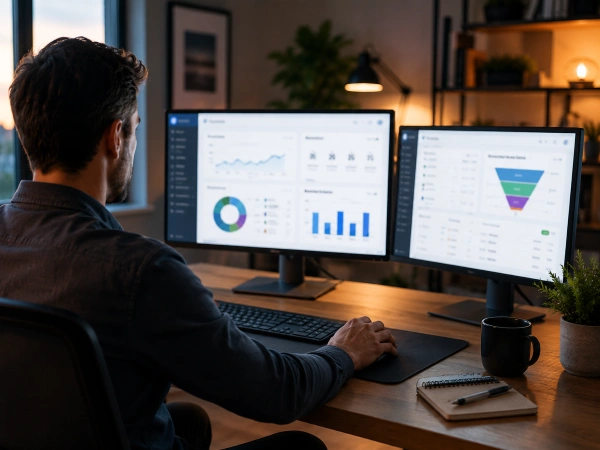 Marketing manager tracking remodeling PPC leads on dual monitors