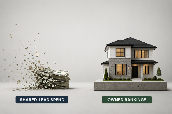 Cash blowing away beside a solid house model: rented leads versus owned rankings