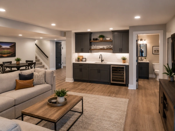 Finished basement remodel with family room and wet bar for a social post