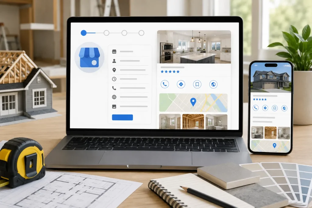 A Google Business Profile For Remodelers That Wins The Map Pack In 2026 2 Business profile setup in a remodeler's workspace