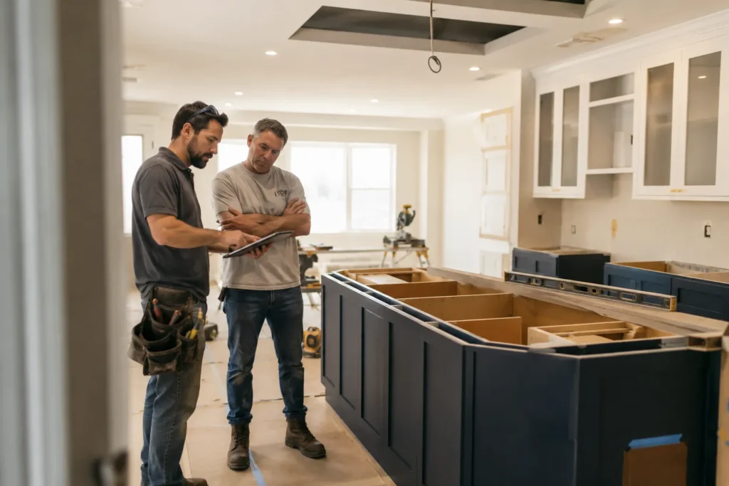 a home remodeler talking to the clients