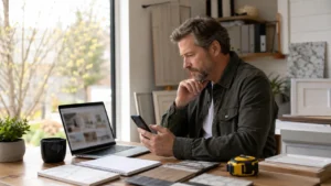 a home remodeling company owner using his phone