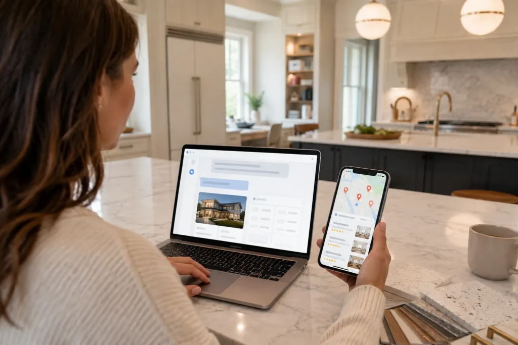 a woman searching for a home remodeler near her