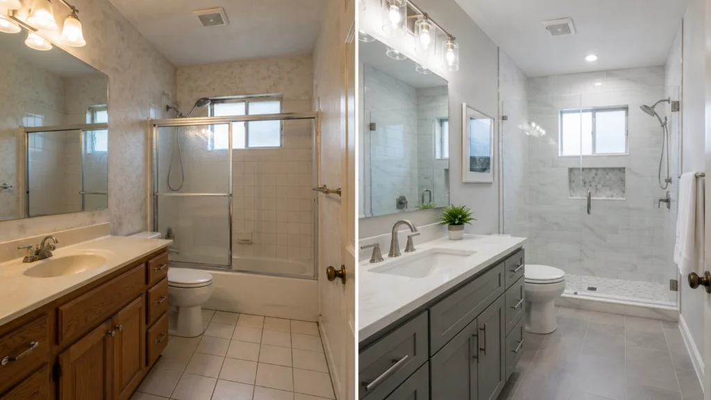 Best Social Media Platforms for General Contractors (2026 Guide) 2 Before-and-after photos of a bathroom remodel, the kind of proof-of-work content that performs well on Instagram and Facebook