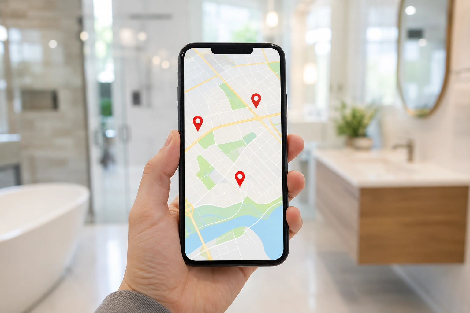 Local map pack with pins for a bathroom remodeler on a smartphone