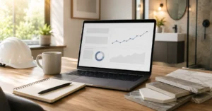 Bathroom remodeling lead generation cost dashboard on a laptop at a contractor's desk