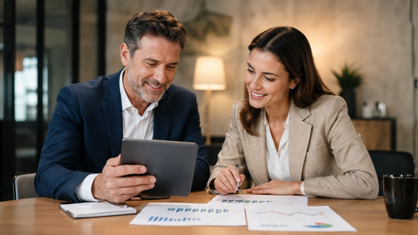 Business owner and team reviewing performance metrics