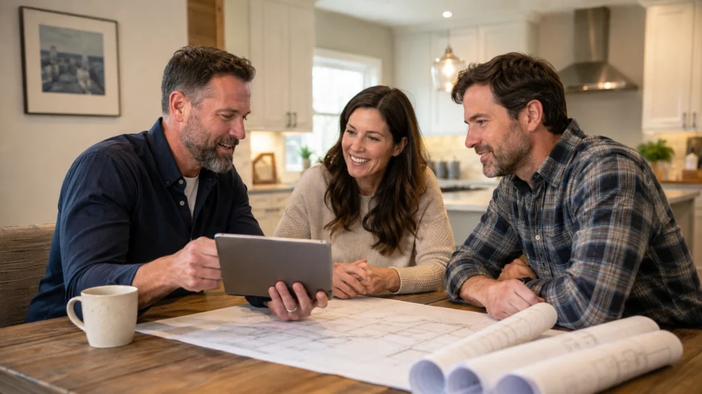 Best Social Media Platforms for General Contractors (2026 Guide) 1 Contractor reviewing project costs and monthly payment options with homeowners at their kitchen table