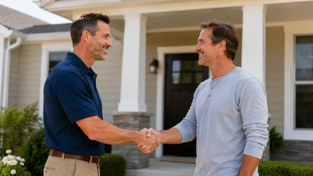 Best Social Media Platforms for General Contractors (2026 Guide) 4 Homeowner shaking hands with a contractor outside a finished home, reflecting the trust that reviews and referrals build