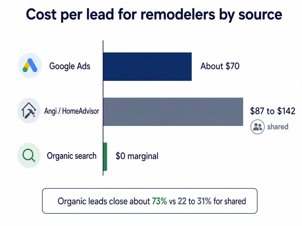 Google Ads for Remodeling Contractors: Where the Budget Leaks in 2026 2 Cost per lead for remodelers, Google Ads vs shared leads vs organic